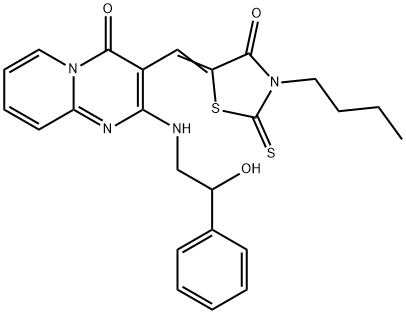 3-[(Z)-(3-butyl-4-oxo-2-thioxo-1,3-thiazolidin-5-ylidene)methyl]-2-[(2-hydroxy-2-phenylethyl)amino]-4H-pyrido[1,2-a]pyrimidin-4-one 结构式