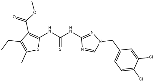 methyl 2-(3-(1-(3,4-dichlorobenzyl)-1H-1,2,4-triazol-3(2H)-ylidene)thioureido)-4-ethyl-5-methylthiophene-3-carboxylate 结构式
