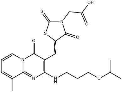 {(5Z)-5-[(9-methyl-4-oxo-2-{[3-(propan-2-yloxy)propyl]amino}-4H-pyrido[1,2-a]pyrimidin-3-yl)methylidene]-4-oxo-2-thioxo-1,3-thiazolidin-3-yl}acetic acid 结构式