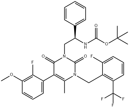 N-[(1R)-2-[5-(2-氟-3-甲氧基苯基)-3-[[2-氟-6-(三氟甲基)苯基]甲基]-3,6-二氢-4-甲基-2,6-二氧代-1(2H)-嘧啶基]-1-苯基乙基]氨基甲酸叔丁酯 结构式