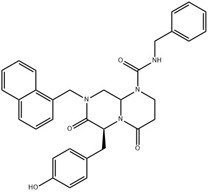 2H-Pyrazino[1,2-a]pyrimidine-1(6H)-carboxamide, hexahydro-6-[(4-hydroxyphenyl)methyl]-8-(1-naphthalenylmethyl)-4,7-dioxo-N-(phenylmethyl)-, (6S)- 结构式