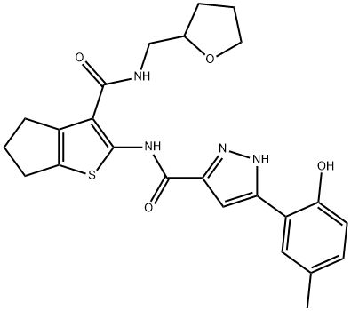 5-(2-hydroxy-5-methylphenyl)-N-{3-[(tetrahydrofuran-2-ylmethyl)carbamoyl]-5,6-dihydro-4H-cyclopenta[b]thiophen-2-yl}-1H-pyrazole-3-carboxamide 结构式