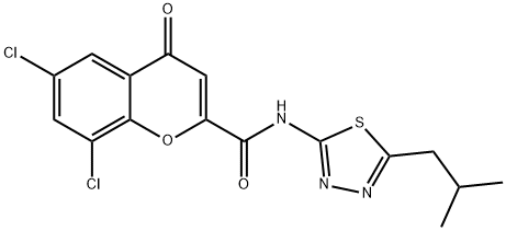 6,8-dichloro-N-(5-isobutyl-1,3,4-thiadiazol-2-yl)-4-oxo-4H-chromene-2-carboxamide 结构式