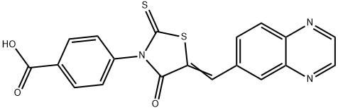 4-[(5E)-4-oxo-5-(quinoxalin-6-ylmethylidene)-2-thioxo-1,3-thiazolidin-3-yl]benzoic acid 结构式