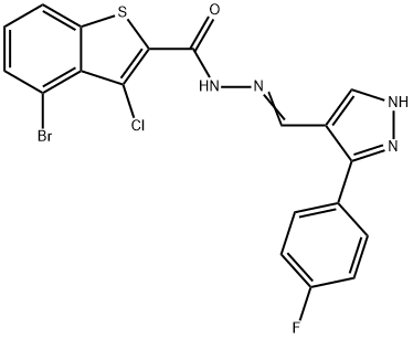 (E)-4-bromo-3-chloro-N'-((3-(4-fluorophenyl)-1H-pyrazol-4-yl)methylene)benzo[b]thiophene-2-carbohydrazide 结构式