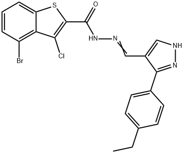 (E)-4-bromo-3-chloro-N'-((3-(4-ethylphenyl)-1H-pyrazol-4-yl)methylene)benzo[b]thiophene-2-carbohydrazide 结构式