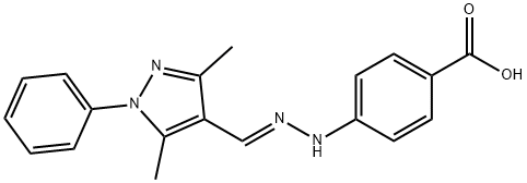 (E)-4-(2-((3,5-dimethyl-1-phenyl-1H-pyrazol-4-yl)methylene)hydrazinyl)benzoic acid 结构式