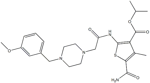 isopropyl 5-carbamoyl-2-(2-(4-(3-methoxybenzyl)piperazin-1-yl)acetamido)-4-methylthiophene-3-carboxylate 结构式