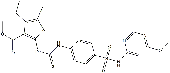 methyl 4-ethyl-2-(3-(4-(N-(6-methoxypyrimidin-4-yl)sulfamoyl)phenyl)thioureido)-5-methylthiophene-3-carboxylate 结构式