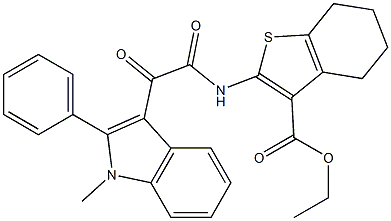 ethyl 2-(2-(1-methyl-2-phenyl-1H-indol-3-yl)-2-oxoacetamido)-4,5,6,7-tetrahydrobenzo[b]thiophene-3-carboxylate 结构式