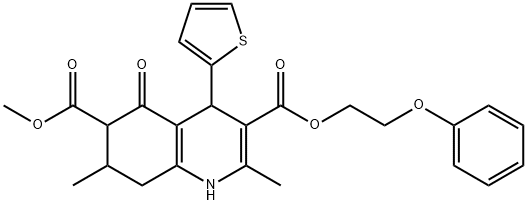 6-methyl 3-(2-phenoxyethyl) 2,7-dimethyl-5-oxo-4-(thiophen-2-yl)-1,4,5,6,7,8-hexahydroquinoline-3,6-dicarboxylate 结构式