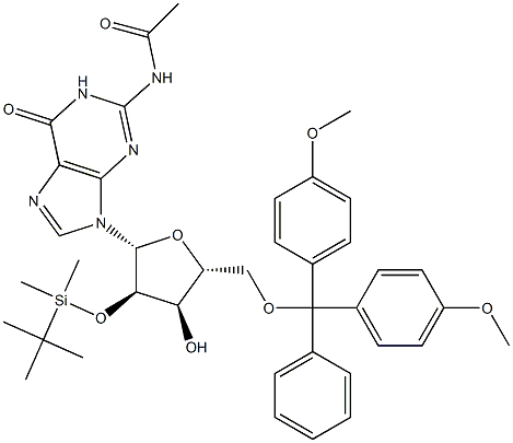 N-乙酰基-5'-O-[二(4-甲氧基苯基)苯基甲基]-2'-O-[(叔丁基)二甲基硅烷基]鸟苷 结构式