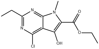 Ethyl 4-chloro-2-ethyl-5-hydroxy-7-methyl-7H-pyrrolo[2,3-d]pyrimidine-6-carboxylate 结构式