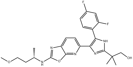 (S)-2-(5-(2,4-difluorophenyl)-4-(2-((4-methoxybutan-2-yl)amino)oxazolo[5,4-b]pyridin-5-yl)-1H-imidazol-2-yl)-2-methylpropan-1-ol 结构式