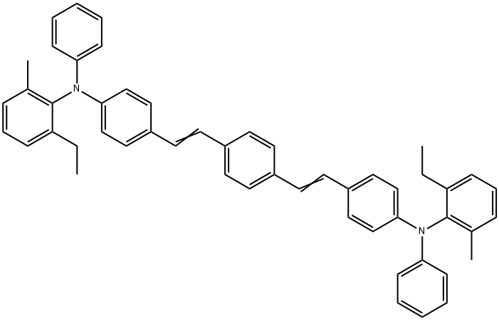 N,N'-(((1E,1'E)-1,4-phenylenebis(ethene-2,1-diyl))bis(4,1-phenylene))bis(2-ethyl-6-methyl-N-phenylaniline) 结构式