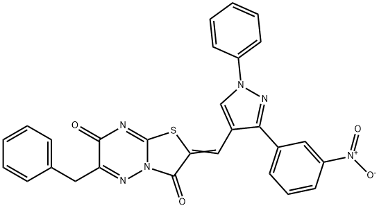 (2Z)-6-benzyl-2-{[3-(3-nitrophenyl)-1-phenyl-1H-pyrazol-4-yl]methylidene}-7H-[1,3]thiazolo[3,2-b][1,2,4]triazine-3,7(2H)-dione 结构式