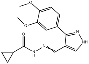 (E)-N'-((3-(3,4-dimethoxyphenyl)-1H-pyrazol-4-yl)methylene)cyclopropanecarbohydrazide 结构式