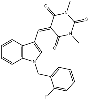 5-{[1-(2-fluorobenzyl)-1H-indol-3-yl]methylidene}-1,3-dimethyl-2-thioxodihydropyrimidine-4,6(1H,5H)-dione 结构式