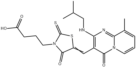 4-[(5Z)-5-({9-methyl-2-[(2-methylpropyl)amino]-4-oxo-4H-pyrido[1,2-a]pyrimidin-3-yl}methylidene)-4-oxo-2-thioxo-1,3-thiazolidin-3-yl]butanoic acid 结构式