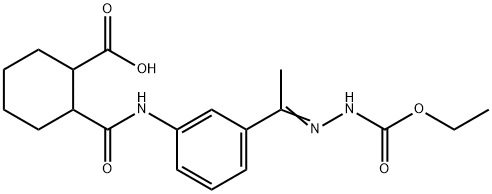 (E)-2-((3-(1-(2-(ethoxycarbonyl)hydrazono)ethyl)phenyl)carbamoyl)cyclohexanecarboxylic acid 结构式