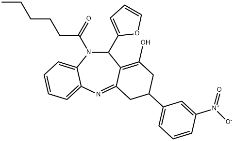 1-(11-(furan-2-yl)-1-hydroxy-3-(3-nitrophenyl)-3,4-dihydro-2H-dibenzo[b,e][1,4]diazepin-10(11H)-yl)hexan-1-one 结构式