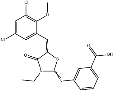 3-{[(2E,5Z)-5-(3,5-dichloro-2-methoxybenzylidene)-3-ethyl-4-oxo-1,3-thiazolidin-2-ylidene]amino}benzoic acid 结构式