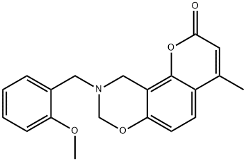 9-(2-methoxybenzyl)-4-methyl-9,10-dihydro-2H,8H-chromeno[8,7-e][1,3]oxazin-2-one 结构式