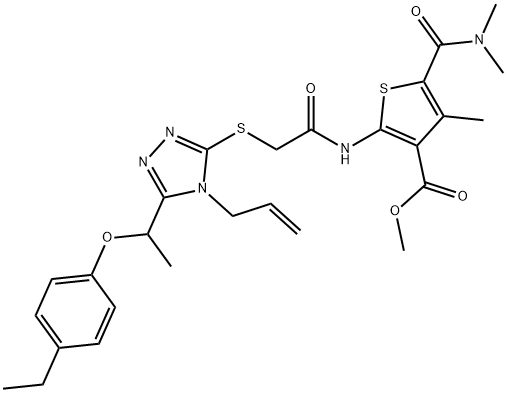 methyl 2-(2-((4-allyl-5-(1-(4-ethylphenoxy)ethyl)-4H-1,2,4-triazol-3-yl)thio)acetamido)-5-(dimethylcarbamoyl)-4-methylthiophene-3-carboxylate 结构式