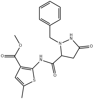 methyl 2-{[(2-benzyl-5-oxopyrazolidin-3-yl)carbonyl]amino}-5-methylthiophene-3-carboxylate 结构式