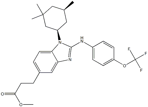 methyl 3-(2-(4-(trifluoromethoxy)phenylamino)-1-(cis-3,3,5-trimethylcyclohexyl)-1H-benzo[d]imidazol-5-yl)propanoate 结构式