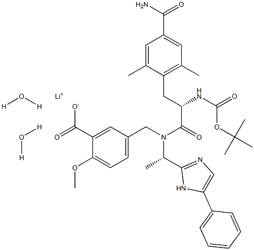 5-(((S)-2-((叔丁氧基羰基)氨基)-3-(4-氨基甲酰基-2,6-二甲基苯基)-N-((S)-1-(5-苯基-1H-咪唑-2-基)乙基)丙酰胺基)甲基)-2-甲氧基苯甲酸酯二水合物 结构式