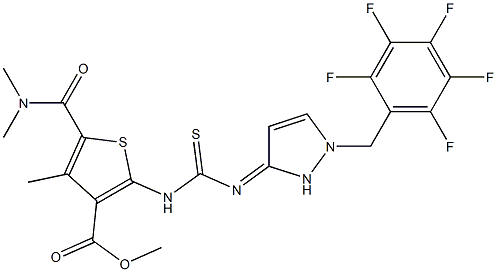 methyl 5-(dimethylcarbamoyl)-4-methyl-2-(3-(1-((perfluorophenyl)methyl)-1H-pyrazol-3(2H)-ylidene)thioureido)thiophene-3-carboxylate 结构式