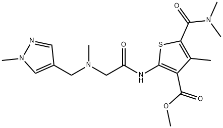 methyl 5-(dimethylcarbamoyl)-4-methyl-2-(2-(methyl((1-methyl-1H-pyrazol-4-yl)methyl)amino)acetamido)thiophene-3-carboxylate 结构式