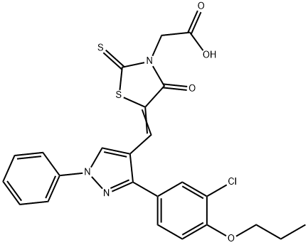 [(5Z)-5-{[3-(3-chloro-4-propoxyphenyl)-1-phenyl-1H-pyrazol-4-yl]methylidene}-4-oxo-2-thioxo-1,3-thiazolidin-3-yl]acetic acid 结构式