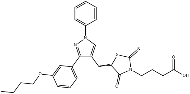 4-[(5Z)-5-{[3-(3-butoxyphenyl)-1-phenyl-1H-pyrazol-4-yl]methylidene}-4-oxo-2-thioxo-1,3-thiazolidin-3-yl]butanoic acid 结构式