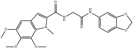 N-[2-(1,3-benzodioxol-5-ylamino)-2-oxoethyl]-5,6,7-trimethoxy-1-methyl-1H-indole-2-carboxamide 结构式