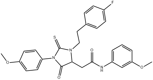 2-{3-[2-(4-fluorophenyl)ethyl]-1-(4-methoxyphenyl)-5-oxo-2-thioxoimidazolidin-4-yl}-N-(3-methoxyphenyl)acetamide 结构式