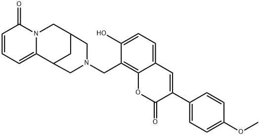 3-((7-hydroxy-3-(4-methoxyphenyl)-2-oxo-2H-chromen-8-yl)methyl)-3,4,5,6-tetrahydro-1H-1,5-methanopyrido[1,2-a][1,5]diazocin-8(2H)-one 结构式