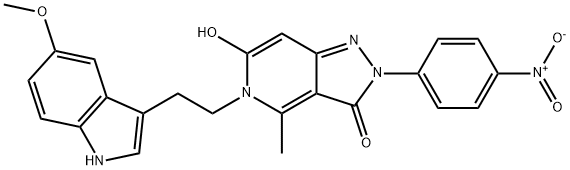 6-hydroxy-5-(2-(5-methoxy-1H-indol-3-yl)ethyl)-4-methyl-2-(4-nitrophenyl)-2H-pyrazolo[4,3-c]pyridin-3(5H)-one 结构式
