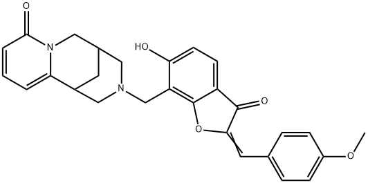 (Z)-3-((6-hydroxy-2-(4-methoxybenzylidene)-3-oxo-2,3-dihydrobenzofuran-7-yl)methyl)-3,4,5,6-tetrahydro-1H-1,5-methanopyrido[1,2-a][1,5]diazocin-8(2H)-one 结构式