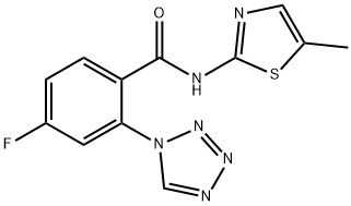 4-fluoro-N-(5-methyl-1,3-thiazol-2-yl)-2-(1H-tetrazol-1-yl)benzamide 结构式