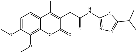 2-(7,8-dimethoxy-4-methyl-2-oxo-2H-chromen-3-yl)-N-[(2E)-5-(propan-2-yl)-1,3,4-thiadiazol-2(3H)-ylidene]acetamide 结构式