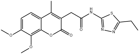 2-(7,8-dimethoxy-4-methyl-2-oxo-2H-chromen-3-yl)-N-[(2E)-5-ethyl-1,3,4-thiadiazol-2(3H)-ylidene]acetamide 结构式