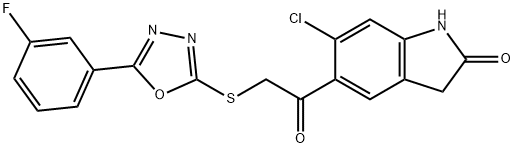 6-chloro-5-({[5-(3-fluorophenyl)-1,3,4-oxadiazol-2-yl]sulfanyl}acetyl)-1,3-dihydro-2H-indol-2-one 结构式