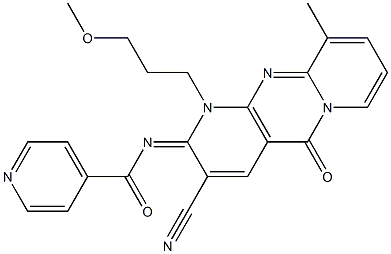 N-[(2E)-3-cyano-1-(3-methoxypropyl)-10-methyl-5-oxo-1,5-dihydro-2H-dipyrido[1,2-a:2',3'-d]pyrimidin-2-ylidene]pyridine-4-carboxamide 结构式