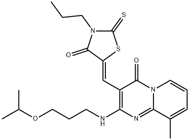 9-methyl-3-[(Z)-(4-oxo-3-propyl-2-thioxo-1,3-thiazolidin-5-ylidene)methyl]-2-{[3-(propan-2-yloxy)propyl]amino}-4H-pyrido[1,2-a]pyrimidin-4-one 结构式