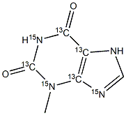 2,6-二羟基-3-甲基嘌呤-13C4,15N3 (2,4,5,6-13C4, 1,3,9-15N3) 结构式