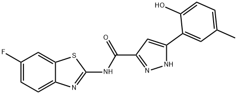 N-(6-fluoro-1,3-benzothiazol-2-yl)-3-(2-hydroxy-5-methylphenyl)-1H-pyrazole-5-carboxamide 结构式