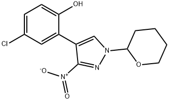 4-Chloro-2-[3-nitro-1-(tetrahydro-pyran-2-yl)-1H-pyrazol-4-yl]-phenol 结构式