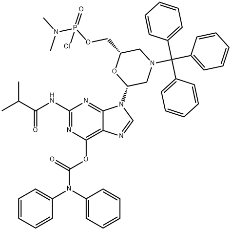 N,N-二苯基氨基甲酸 9-[(2R,6S)-6-[[[氯(二甲基氨基)亚膦酰]氧基]甲基]-4-(三苯基甲基)-2-吗啉基]-2-[(2-甲基-1-氧代丙基)氨基]-9H-嘌呤-6-基酯 结构式